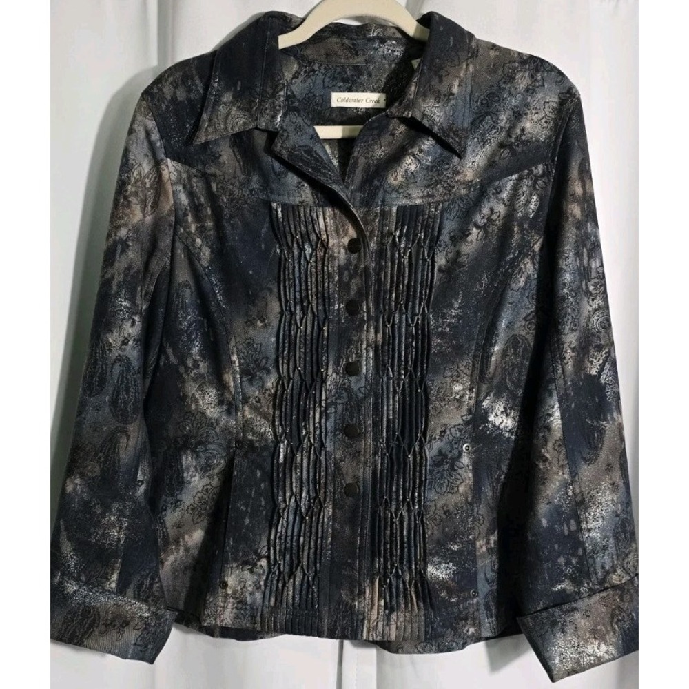 Coldwater Creek Jacket Womens 16‎ Watercolor Stretch Denim Pintuck Studs
